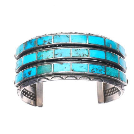 6.6" c1940 Big Zuni turquoise channel inlay sterling silver 3 row cuff bracelet