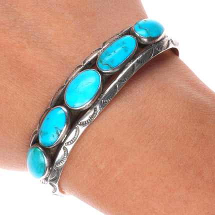 6" 30s-40's Navajo carinated sterling silver turquoise row cuff bracelet
