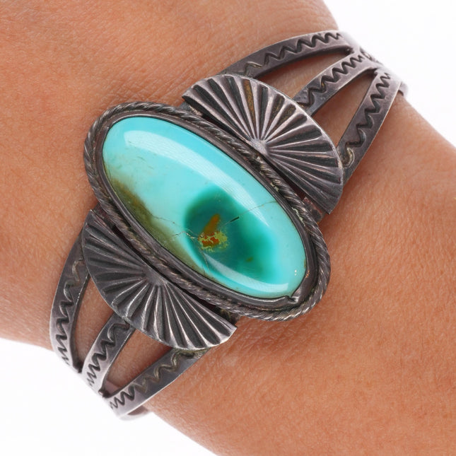 6.2" 1940's Navajo hand stamped sterling silver Royston turquoise cuff bracelet