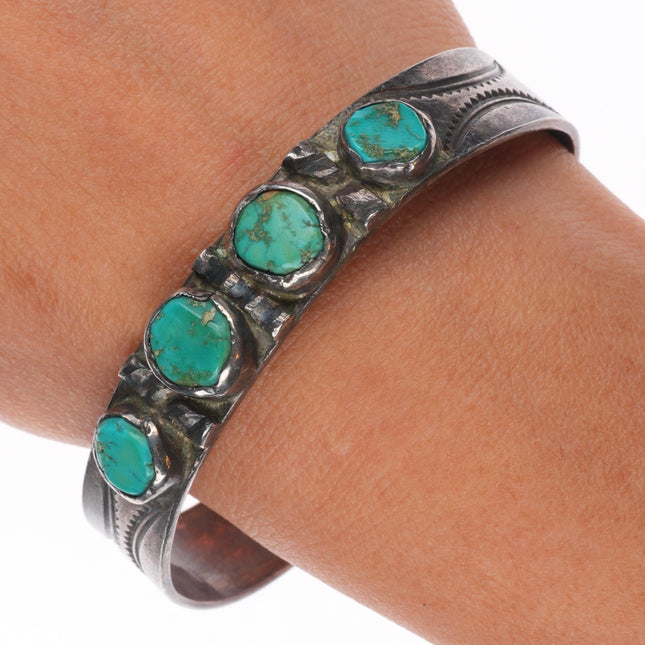 6.75" 30's-40's Navajo Vintage sterling silver turquoise row cuff bracelet