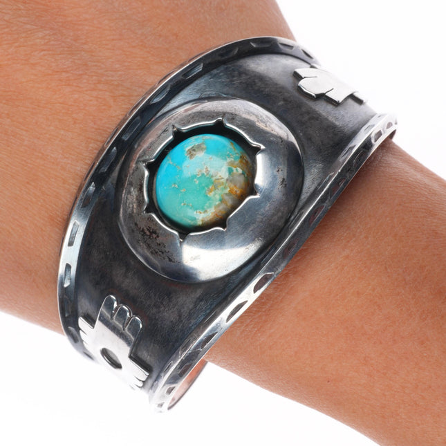 7" 50's-60's Navajo carinated sterling silver shadowbox turquoise cuff bracelet
