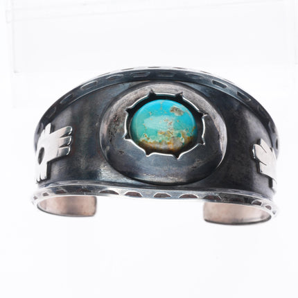 7" 50's-60's Navajo carinated sterling silver shadowbox turquoise cuff bracelet