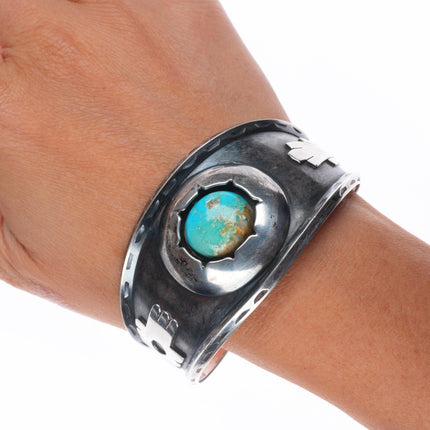 7" 50's-60's Navajo carinated sterling silver shadowbox turquoise cuff bracelet