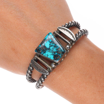 6" Vintage WB Navajo sterling silver spiderweb turquoise cuff bracelet