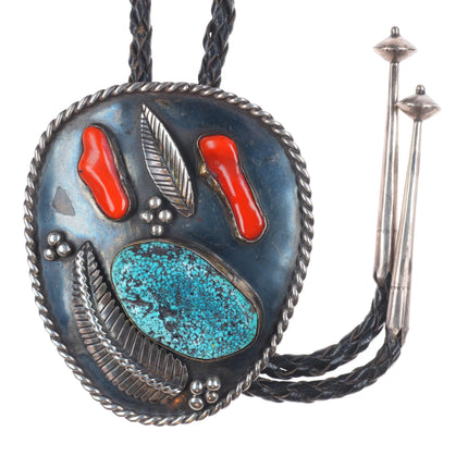 Big c1960 c-31 Navajo sterling silver spiderweb turquoise/coral bolo tie