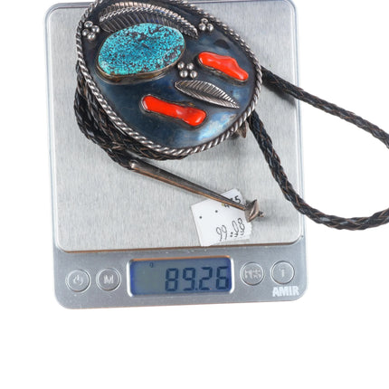 Big c1960 c-31 Navajo sterling silver spiderweb turquoise/coral bolo tie