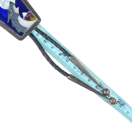 Vintage southwestern sterling silver enamel wolf howling at moon bolo tie