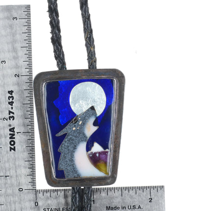 Vintage southwestern sterling silver enamel wolf howling at moon bolo tie