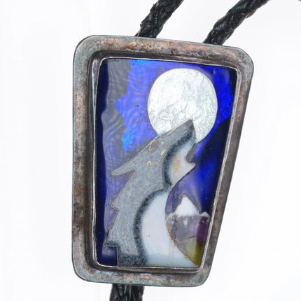 Vintage southwestern sterling silver enamel wolf howling at moon bolo tie