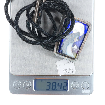 Vintage southwestern sterling silver enamel wolf howling at moon bolo tie