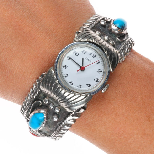 6.25" Vintage Navajo sterling silver watch cuff bracelet turquoise/coral