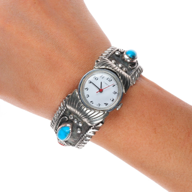 6.25" Vintage Navajo sterling silver watch cuff bracelet turquoise/coral