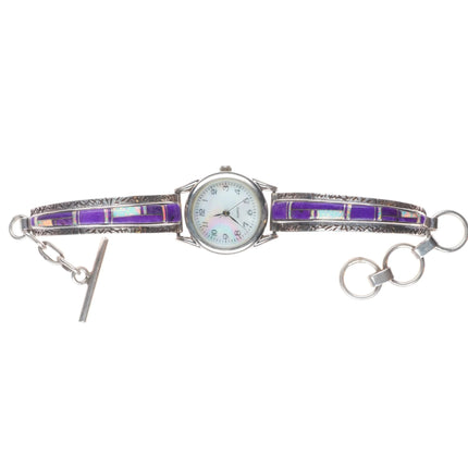 6.25"+ adjustable Navajo sterling silver sugilite/opal  inlay watch bracelet