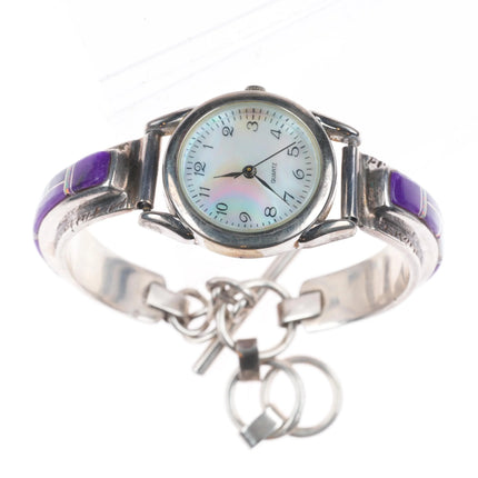6.25"+ adjustable Navajo sterling silver sugilite/opal  inlay watch bracelet