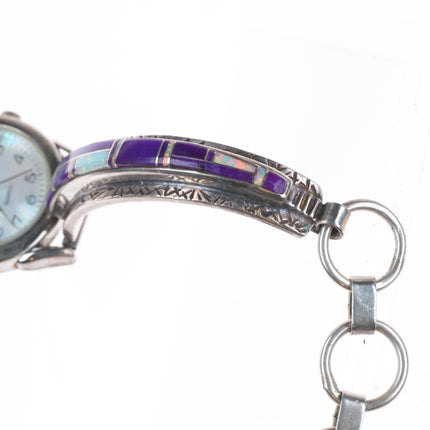 6.25"+ adjustable Navajo sterling silver sugilite/opal  inlay watch bracelet
