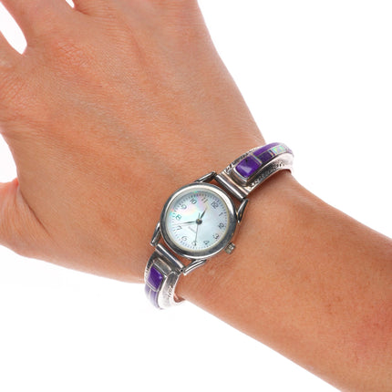 6.25"+ adjustable Navajo sterling silver sugilite/opal  inlay watch bracelet