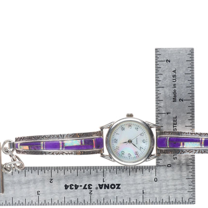 6.25"+ adjustable Navajo sterling silver sugilite/opal  inlay watch bracelet