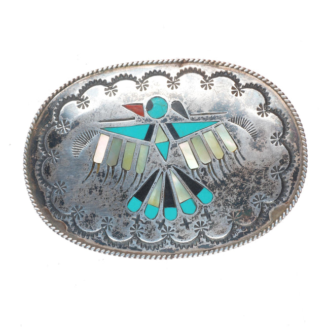 Benjamin Becenti Navajo sterling silver channel inlay thunderbird belt buckle