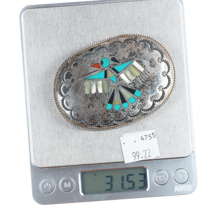 Benjamin Becenti Navajo sterling silver channel inlay thunderbird belt buckle