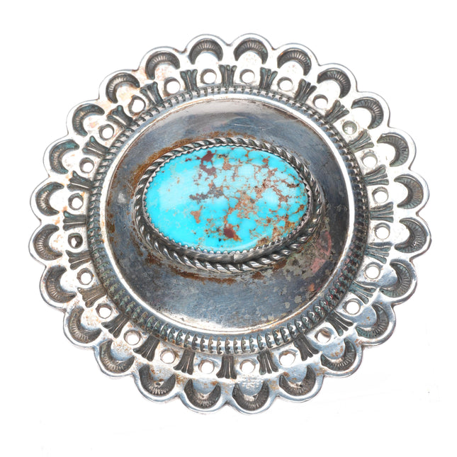Vintage Navajo sterling silver concho style round belt buckle w/ nice turquoise