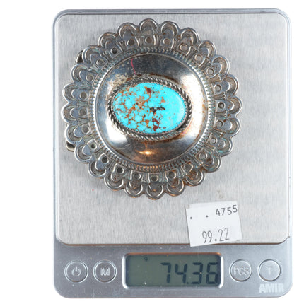 Vintage Navajo sterling silver concho style round belt buckle w/ nice turquoise