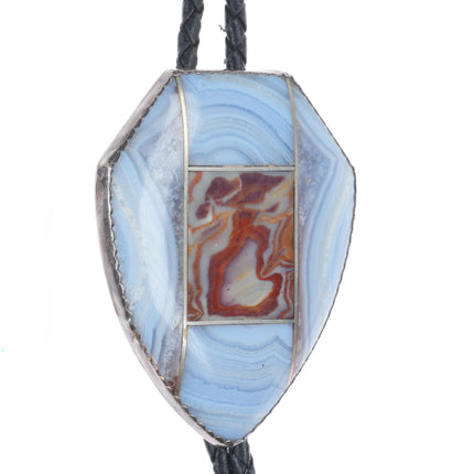 Big vintage southwestern sterling silver agate channel inlay bolo tie