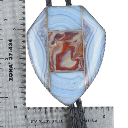 Big vintage southwestern sterling silver agate channel inlay bolo tie