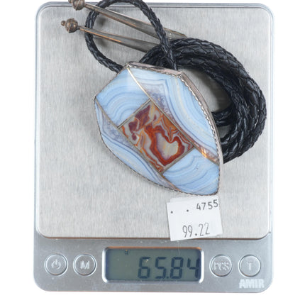 Big vintage southwestern sterling silver agate channel inlay bolo tie
