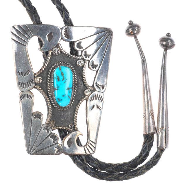 c1970 Vintage Navajo sterling silver pierced birds bolo tie with turquoise