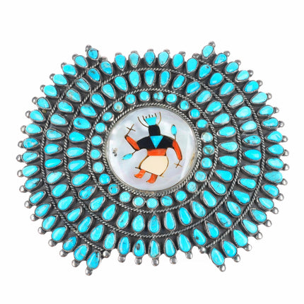 Big Vintage Zuni sterling silver turquoise cluster belt buckle Ghan dancer inlay