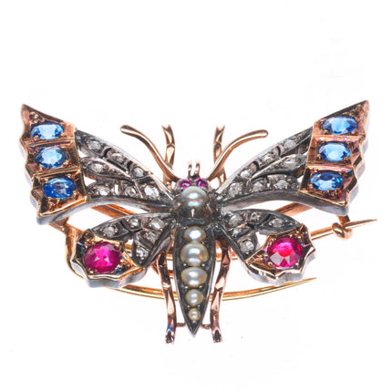 Antique 10k gold Diamond, Sapphire, Ruby, pearl  butterfly pendant/pin/brooch
