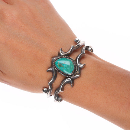6" Navajo sterling silver green turquoise tufa/Sand cast cuff bracelet