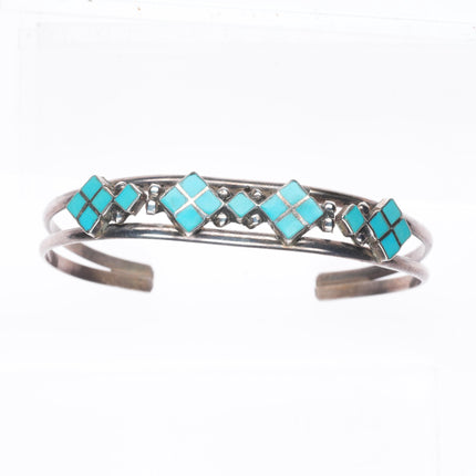 6.25" Vintage Zuni Dishta flush inlay turquoise cuff bracelet sterling silver