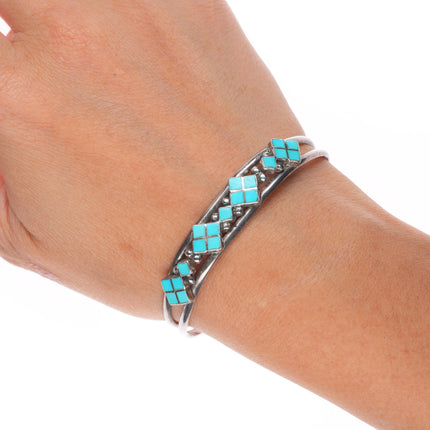 6.25" Vintage Zuni Dishta flush inlay turquoise cuff bracelet sterling silver