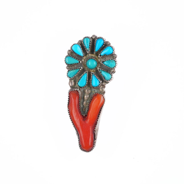 50's-60's Zuni Vintage sterling silver branch coral/petit point turquoise pin