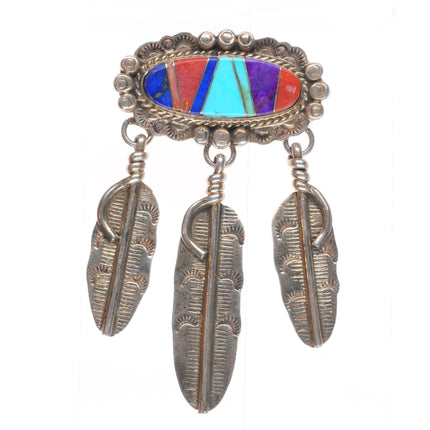 Melvin Francis Navajo sterling silver turquoise/coral/sugilite inlay pendant/pin