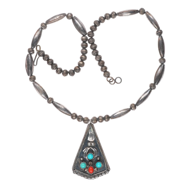 Vintage C Davis Navajo sterling silver beaded turquoise/coral pendant necklace