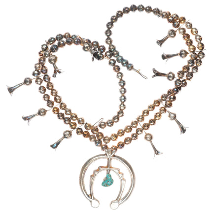 Vintage Navajo sterling silver squash blossom necklace with center turquoise
