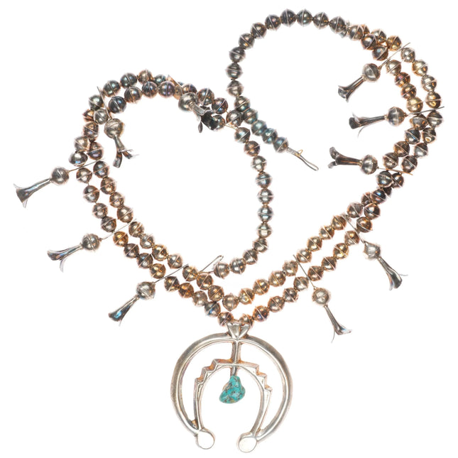 Vintage Navajo sterling silver squash blossom necklace with center turquoise