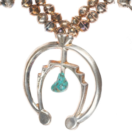 Vintage Navajo sterling silver squash blossom necklace with center turquoise