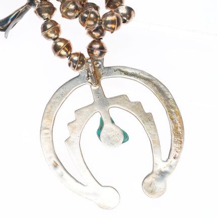 Vintage Navajo sterling silver squash blossom necklace with center turquoise