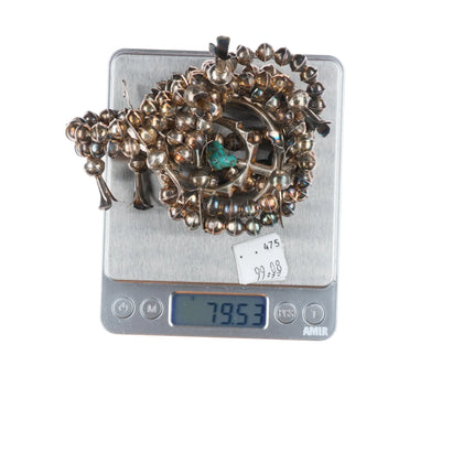 Vintage Navajo sterling silver squash blossom necklace with center turquoise