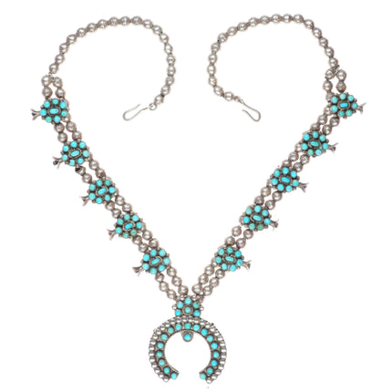 c1950's Zuni sterling silver Sleeping Beauty turquoise squash blossom necklace