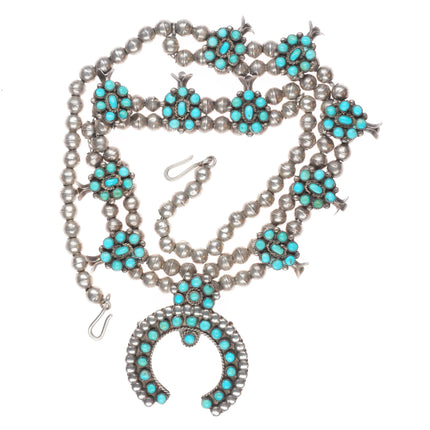 c1950's Zuni sterling silver Sleeping Beauty turquoise squash blossom necklace