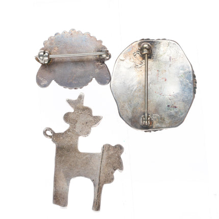 c1950's 3 Vintage sterling silver inlay Deer/Sunface pins/pendant/charm