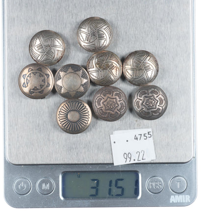 9 Vintage Southwestern sterling silver button covers Navajo basket patterns