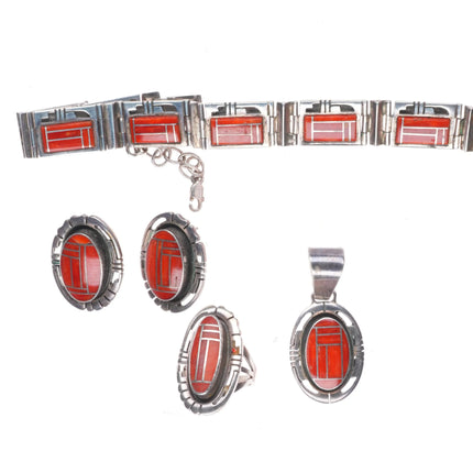 sz6 Gilbert Nelson Navajo sterling silver coral bracelet/ring/earrings/pendant