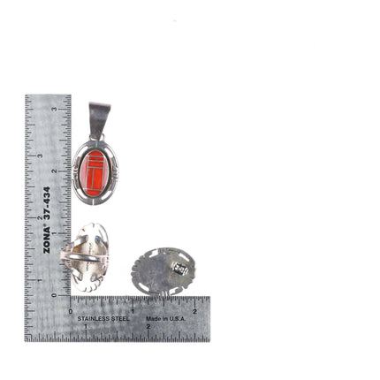 sz6 Gilbert Nelson Navajo sterling silver coral bracelet/ring/earrings/pendant