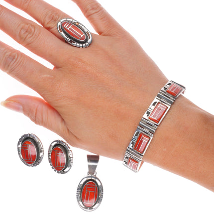 sz6 Gilbert Nelson Navajo sterling silver coral bracelet/ring/earrings/pendant