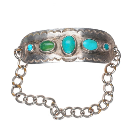 7.25" c1940's Navajo sterling silver hand stamped turquoise link bracelet